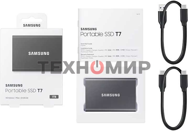 Внешний SSD Samsung T7, 1TB, USB 3.2 Gen 2 Type-C, R/W 1050/1000, серый