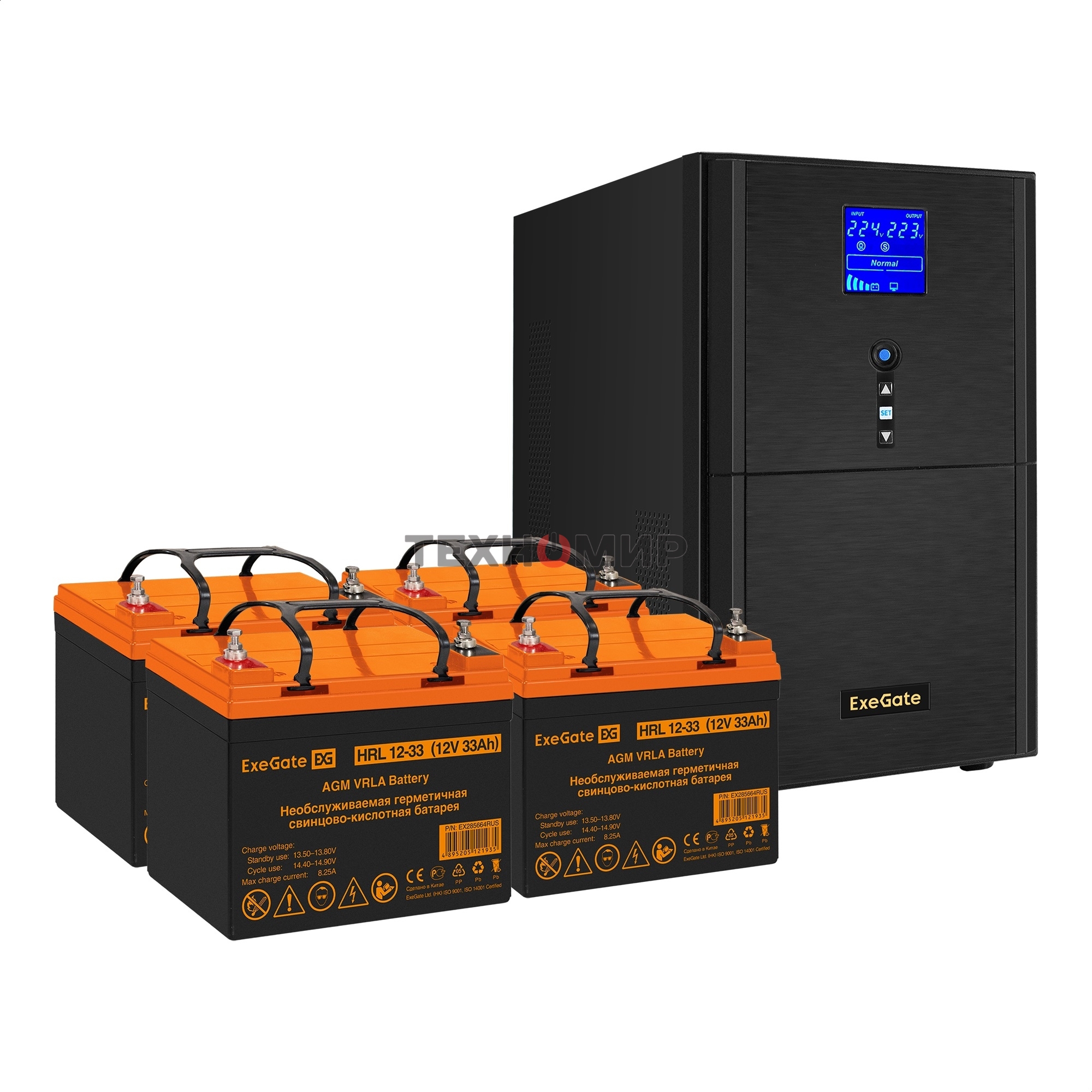 Комплект источника бесперебойного питания Exegate EX295991RUS + батарея 33Aч EX285664RUS 4шт (инвертор, синус, для котла) ExeGate SineTower SZ-5000.LCD.AVR.2SH.1C13.T.RJ.USB <5000VA/4000W, чистый синусоида, LCD дисплей, AVR, 2*Schuko+1*C13+клеммы, RJ45/11