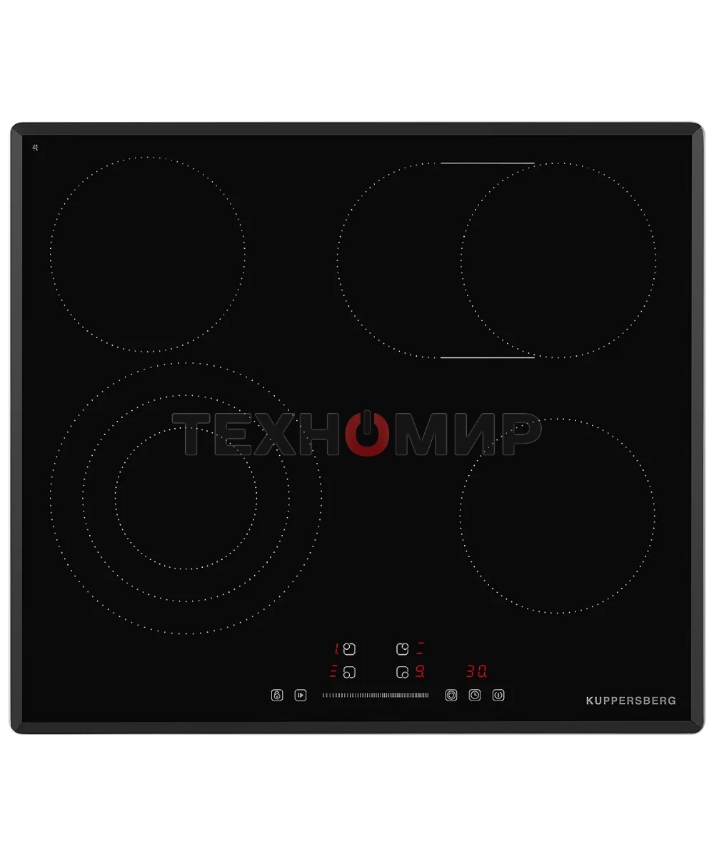 Встраиваемые электрические панели Kuppersberg ECS 639 F Электрическая независимая варочная панель, стеклокерамика KANGER, ширина 60 см, 4 зоны ускоренного нагрева HI-Light, управление электронное сенсорное/слайдер, 5 цифровых дисплев, 9 уровней мощности, 