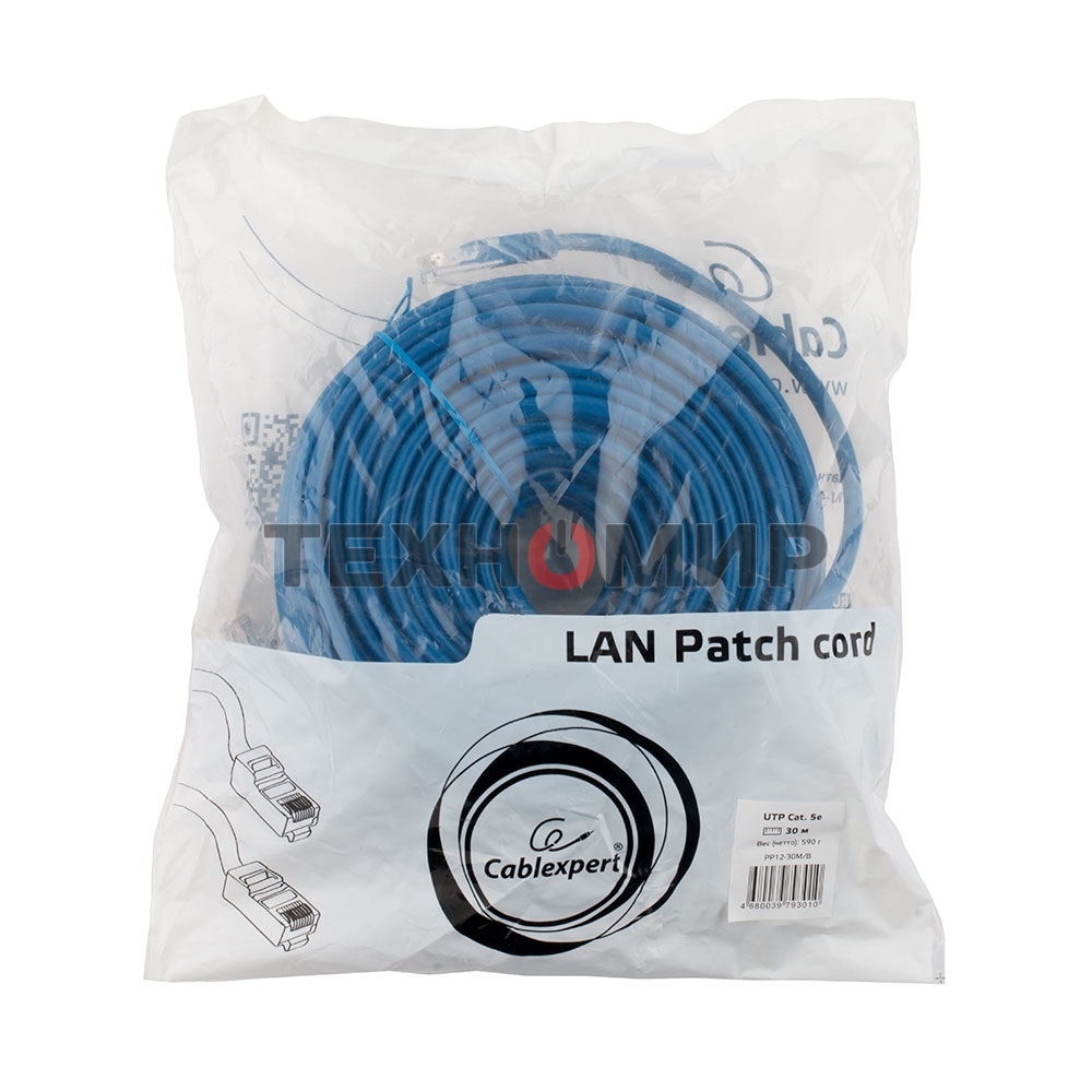 Патч-корд UTP Cablexpert PP12-30M/B cat.5e, 30м, литой, многожильный, синий