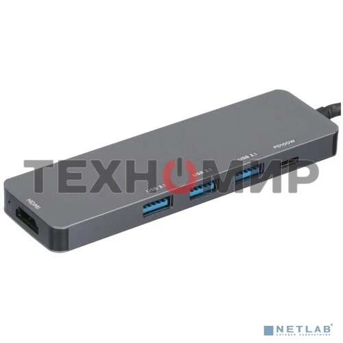 Концентратор USB Type-C Gembird UHB-D1, 5в1: 3хUSB3.1, Type-C PD100W, HDMI, кабель 17см, алюминий