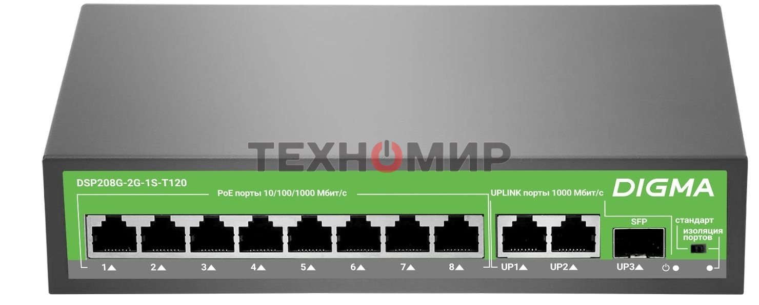 Коммутатор Digma DSP208G-2G-1S-T120 (L2) 10x1 Гбит/с 1SFP 8PoE 8PoE+ 120W неуправляемый