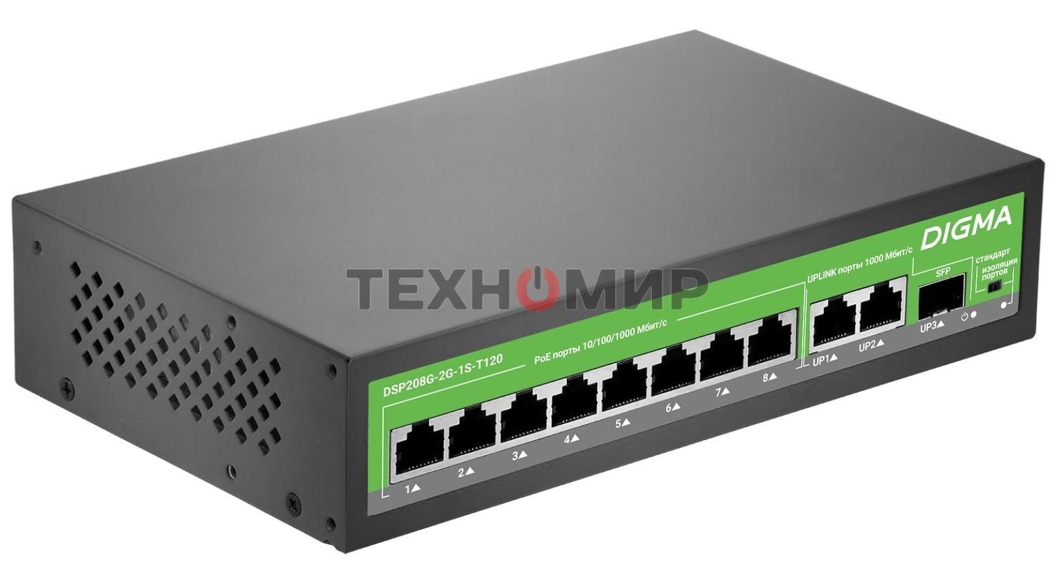 Коммутатор Digma DSP208G-2G-1S-T120 (L2) 10x1 Гбит/с 1SFP 8PoE 8PoE+ 120W неуправляемый