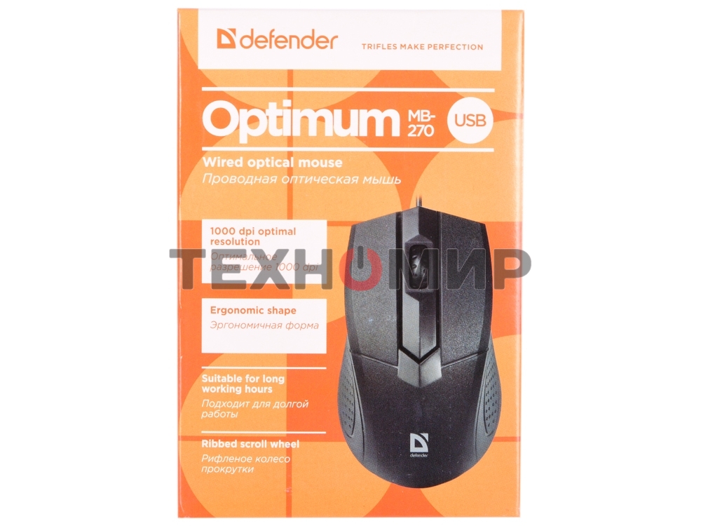 Мышь проводная Defender Optimum MB-270 черный, 1000 dpi, USB, кнопки - 3