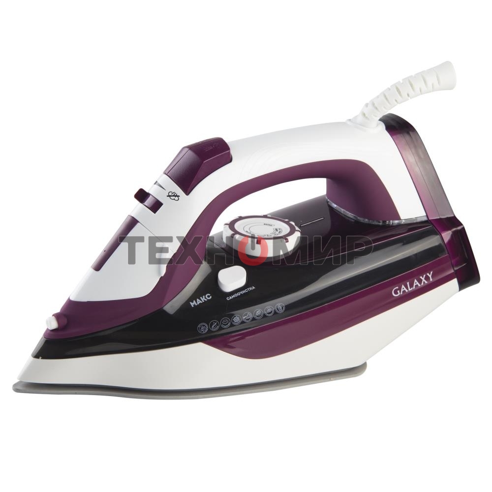 Утюг Galaxy Line GL 6108, бордовый с белым, паровой, 2400 Вт, постоянный пар 50 г/мин, паровой удар 230 г/мин, функции: автоотключение, самоочистка, антикапля, антинакипь, вертикальное отпаривание, индикатор автоотключения, индикатор нагрева, функция увла