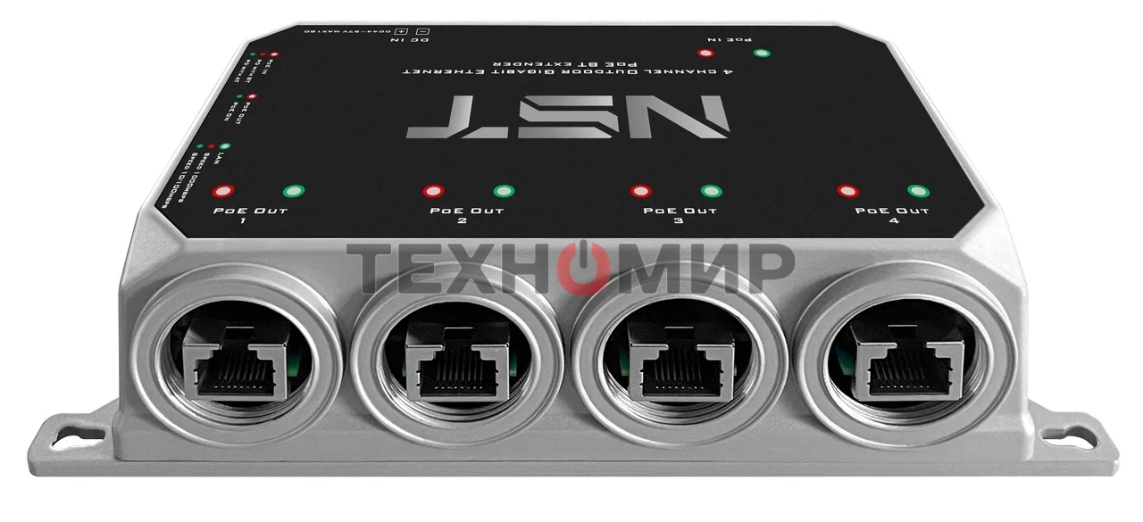 Уличный Ultra PoE удлинитель - коммутатор Gigabit Ethernet до 250м на 5 портов. Порты Ethernet: Вход - 1x10/100/1000Base-T RJ45; Выход - 4x10/100/1000Base-T RJ45. Порты PoE: Вход - 1xIEEE 802.3af/at/bt/Passive POE (до 120W); Выход - 1xIEEE 802.3af/at/bt (