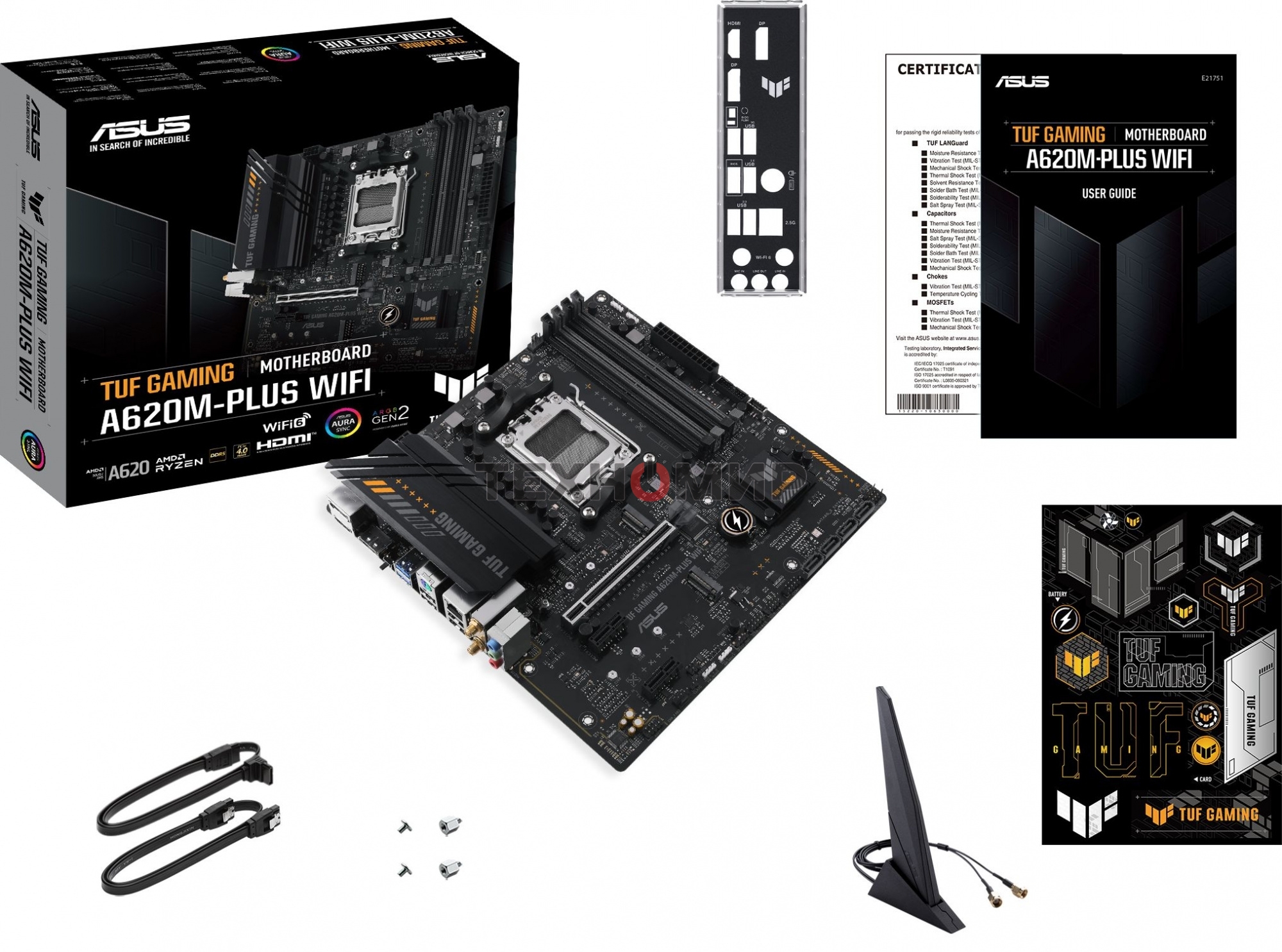 Материнская плата ASUS TUF GAMING A620M-PLUS WIFI, AM5, AMD A620, 4xDDR5, 4xSATA, 2xM.2, 1xPCIe 4.0 x16, 2xPCIe x1, 2xDP, 1xHDMI, 1x 2.5Gb LAN, 4xUSB-A 2.0, 2xUSB-A 3.2 Gen 1, 3x3.5 мм, 7.1, mATX