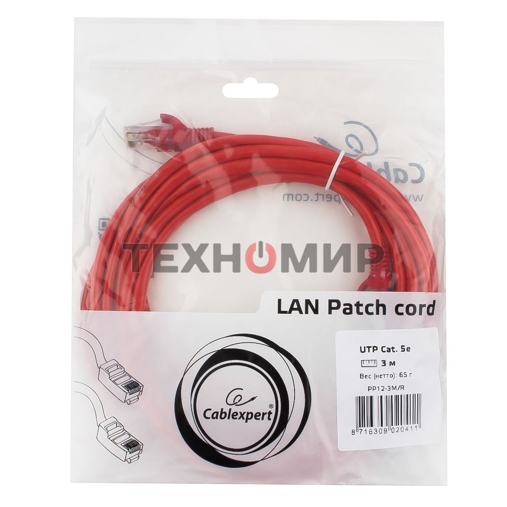 Патч-корд UTP Cablexpert cat.5e, 3м, литой, многожильный, красный