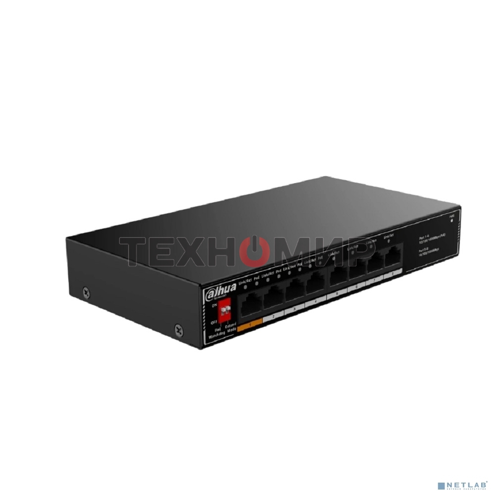 Коммутатор гигабитный 8-портовый неуправляемый c PoE Dahua DH-SG1008LP, 4xRJ45 1Gb PoE, 4xRJ45 1Gb, суммарно 60Вт, коммутация 20 Гбит/с, MAC-таблица 8K, металл