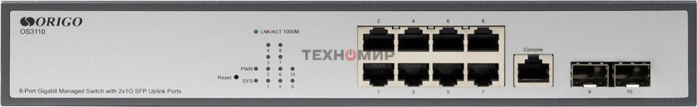 Коммутатор Managed L2 Switch 8x1000Base-T, 2x1000Base-X SFP, RJ45 Console, 19