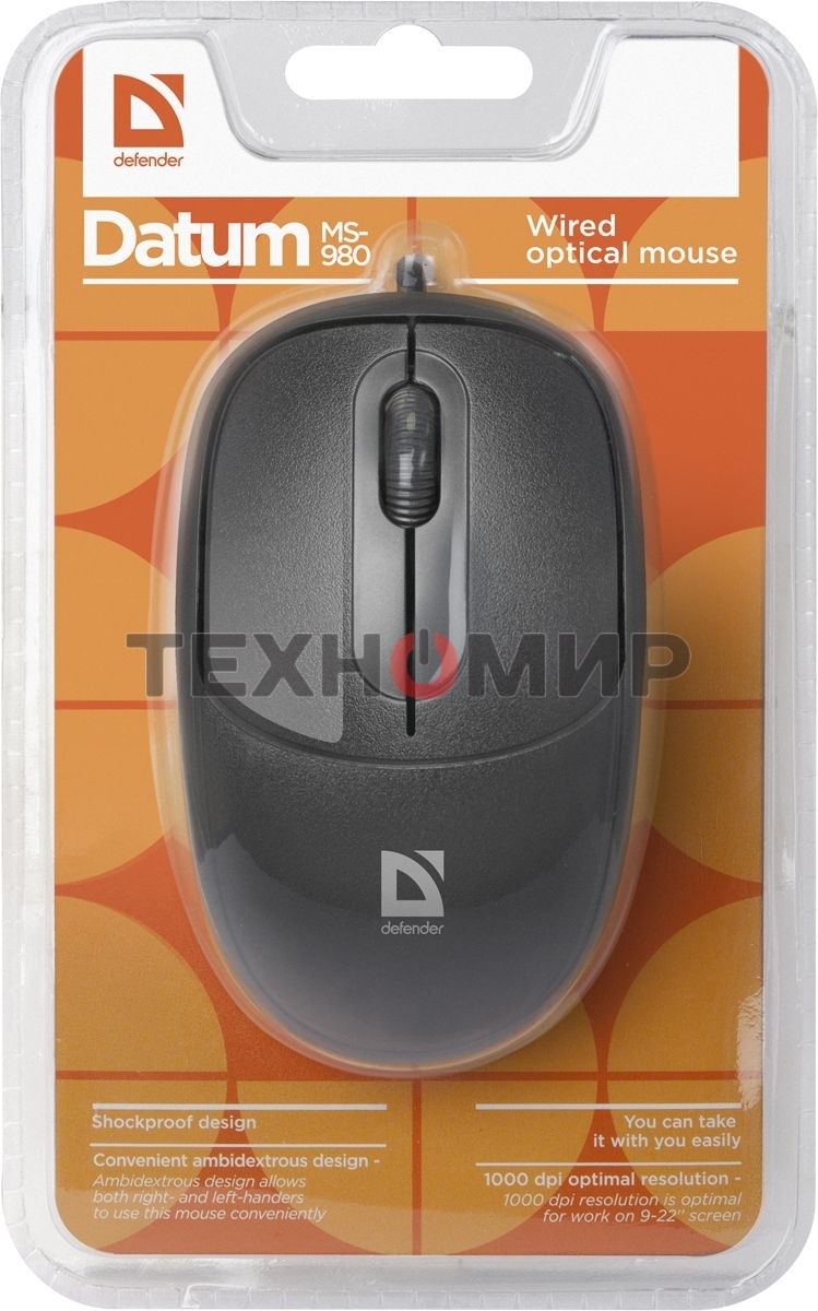 Мышь проводная Defender Datum MS-980 черный, 1000 dpi, USB, кнопки - 3