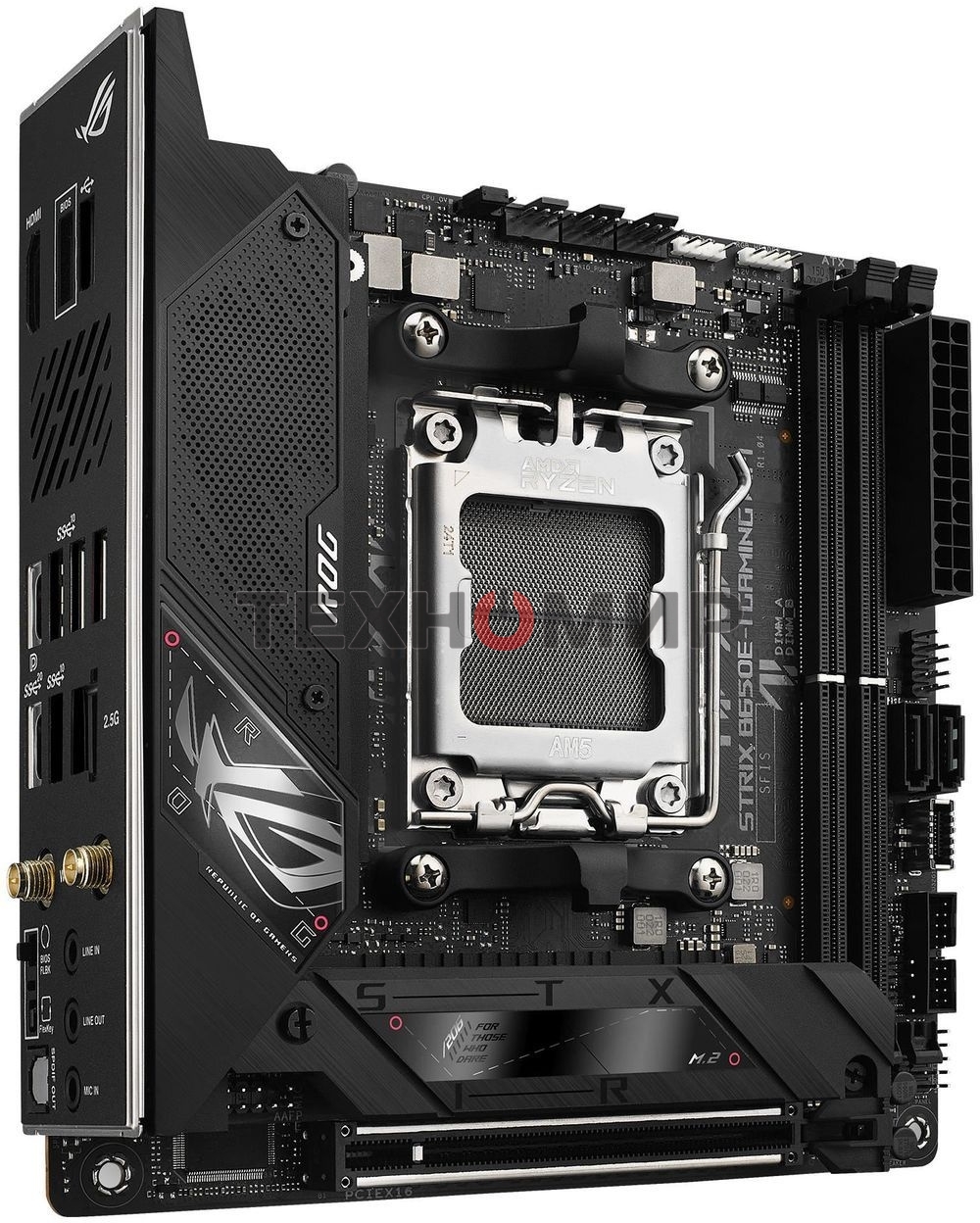 Материнская плата ASUS ROG STRIX B650E-I GAMING WIFI, AM5, AMD B650, 2xDDR5, 2xSATA, 2xM.2, 1xPCIe 5.0 x16, 1xHDMI, 1x 2.5Gb LAN, 4xUSB-A 3.2 Gen 2, 1xUSB-A 3.2 Gen 1, 1xUSB-C 3.2 Gen 2x2, 3x3.5 мм, 7.1, Mini-ITX
