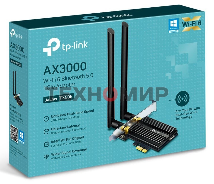 Адаптер 11AX 3000Mbps dual-band PCI-E adapter, 2402Mbps at 5G and 574Mbps at 2.4G, support Bluetooth 5.0, WPA2 encryption, two external Antennas.