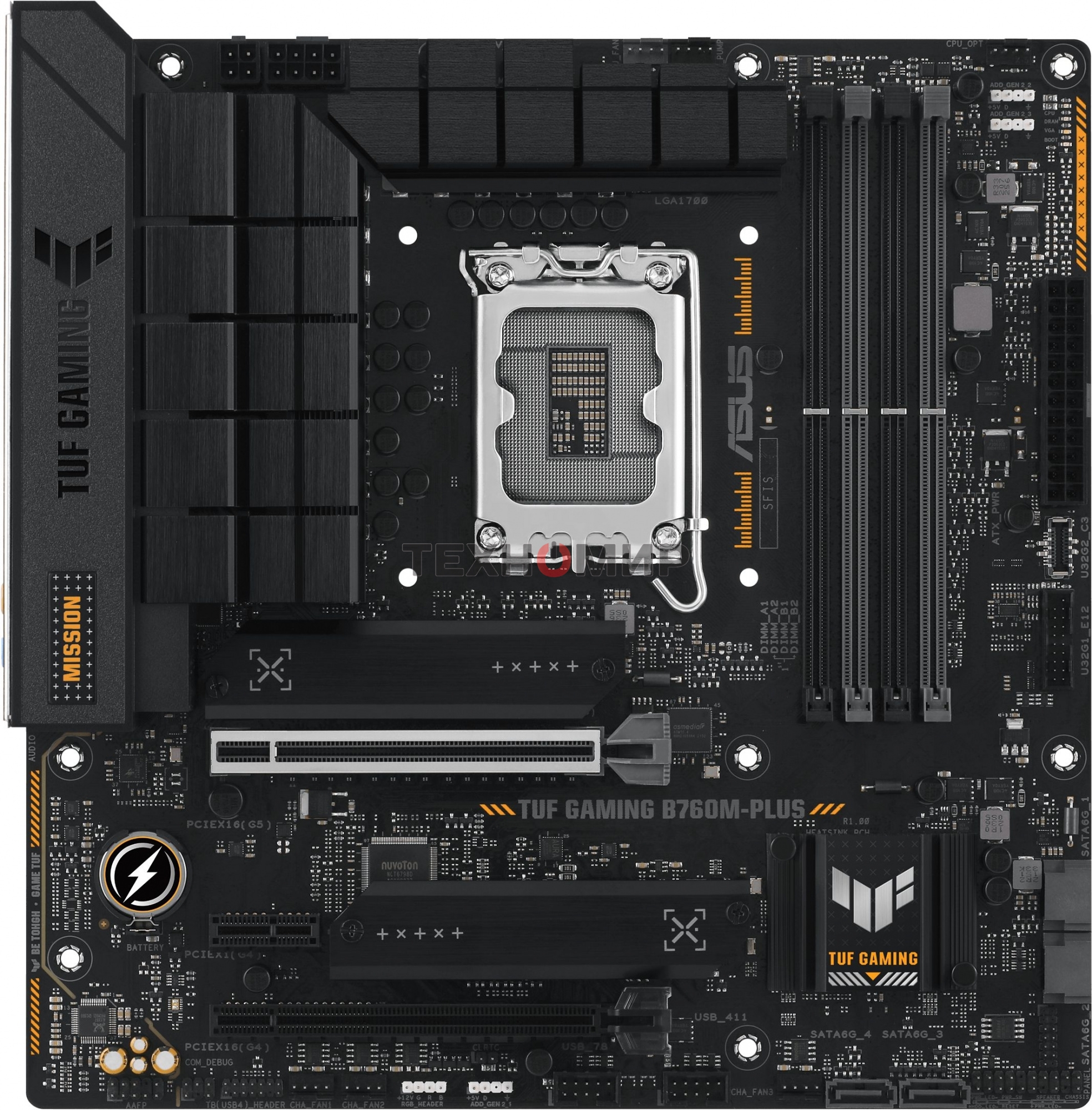 Материнская плата ASUS TUF GAMING B760M-PLUS, LGA 1700, Intel B760, 4xDDR5, 4xSATA, 2xM.2, 1xPCIe 5.0 x16, 1xPCIe 4.0 x4, 1xPCIe x1, 2xUSB-A 3.2 Gen 2, 3xUSB-A 3.2 Gen 1, 2xUSB 2.0, 1xUSB-C 3.2 Gen 2x2, 1x2.5Gb LAN, 5x3.5 мм, 7.1, mATX