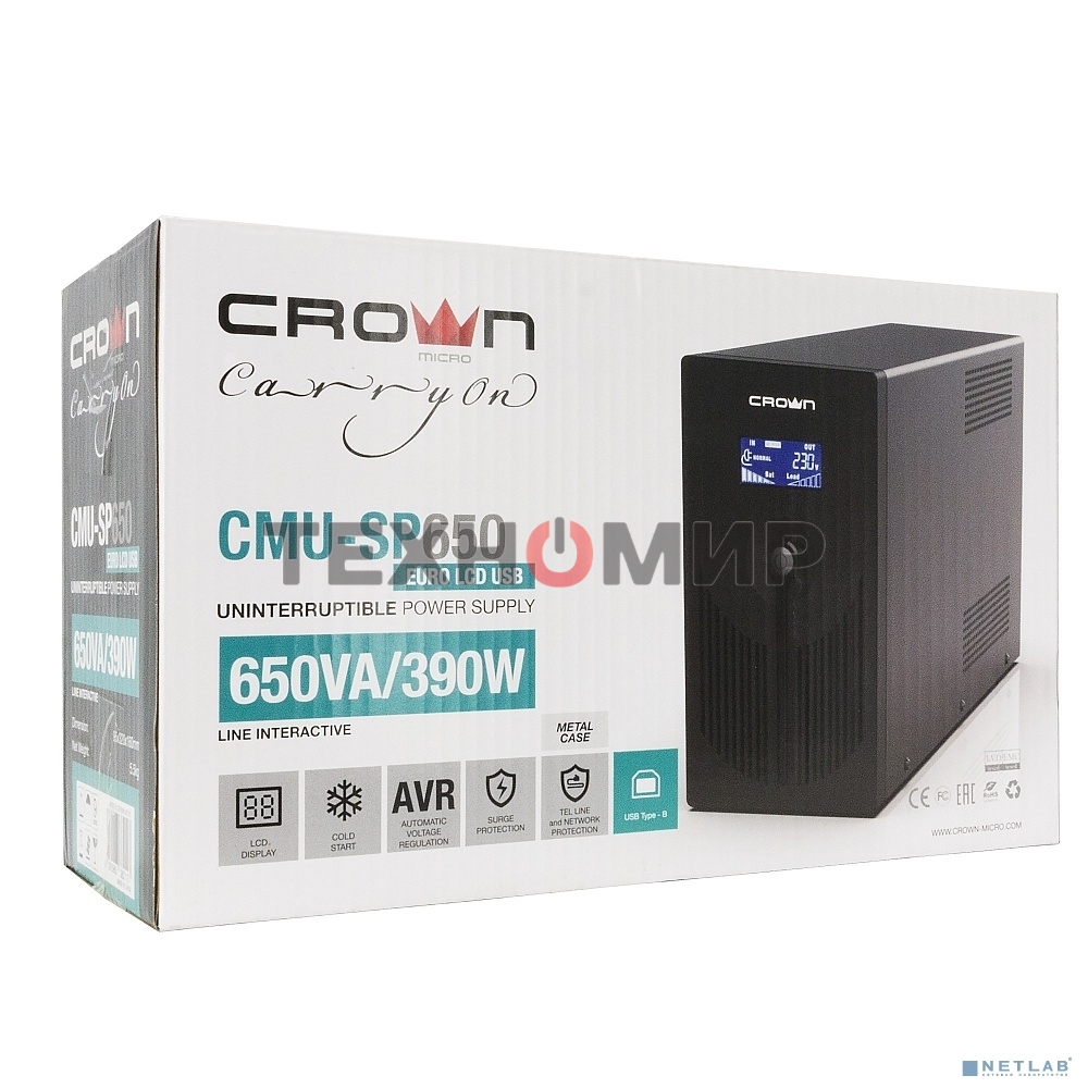 Источник бесперебойного питания CROWN Line Intractive CMU-SP650EURO LCD USB 650VA\390W, корпус металл, 1x12V/7AH, розетки 2*EURO+3*IEC, трансформатор AVR 140-290V, LCD-дисплей, съемный кабель 1.2 м, порт RJ11/45, порт USB, защита: от перегрузки, от КЗ, от