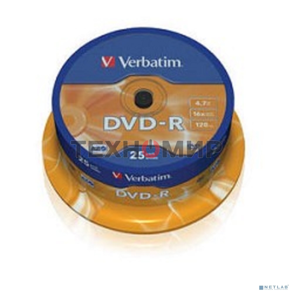Диск DVD-R Verbatim 4.7Gb 16x Cake Box (25шт) (43522)