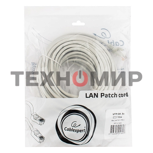 Патч-корд UTP Cablexpert cat.5e, 15м, литой, многожильный серый