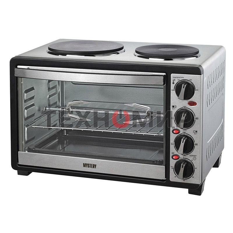 Мини-печь Mystery MOT-3330 (нержавеющая сталь, 1500 Вт, 2 конфорки, гриль, съемный вертел)