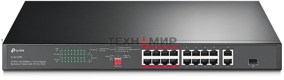 Коммутатор TP-Link 16-port 10/100Mbps + 2-port Gigabit unmanaged switch with 16 PoE+ ports, compliant with 802.3af/at PoE, 150W PoE budget,  support 250m Extend Mode, priority mode and Isolation mode, rackmount, plug and play.