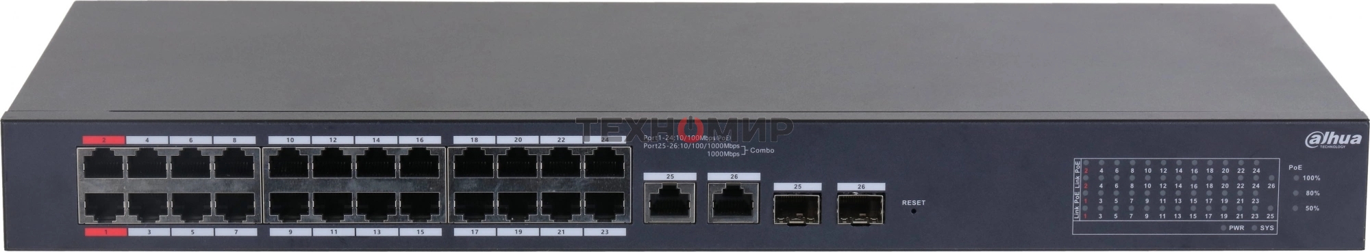 Коммутатор Dahua DH-CS4226-24ET-375 (L2) 24x100 Мбит/с 2xКомбо (1000BASE-T/SFP) 2SFP 24PoE 375W управляемый