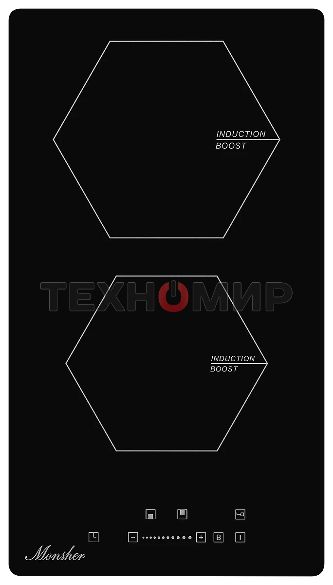 Индукционная варочная панель домино Monsher MHI 3002, Стеклокерамика KANGER, ширина 30 см, 2 индукционные зоны нагрева: 1 зона 1,2 кВт/Booster 1.5 кВт, 2 зона 2 кВт/Booster 2.3 кВт, электронное сенсорное управление, 3 цифровых дисплея, 9-ступенчатая настр