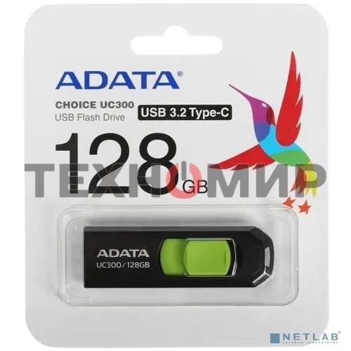 Флешка USB ADATA UC300 (ACHO-UC300-128G-RBK/GN), 128Gb, Type-C USB 3.2, R/W 100/30, черный/зеленый