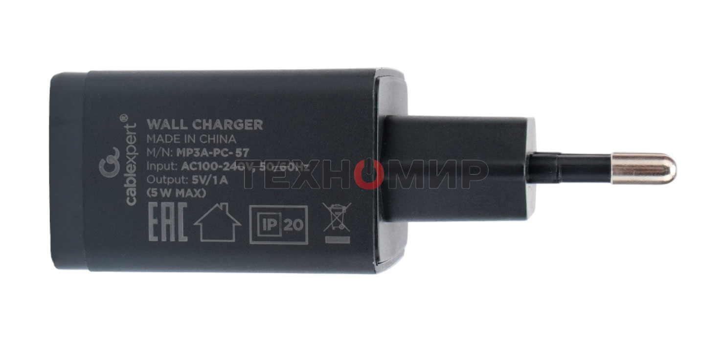 Сетевое зарядное устройство Cablexpert MP3A-PC-57, 5Вт, 1А, 1хUSB, черный, пакет