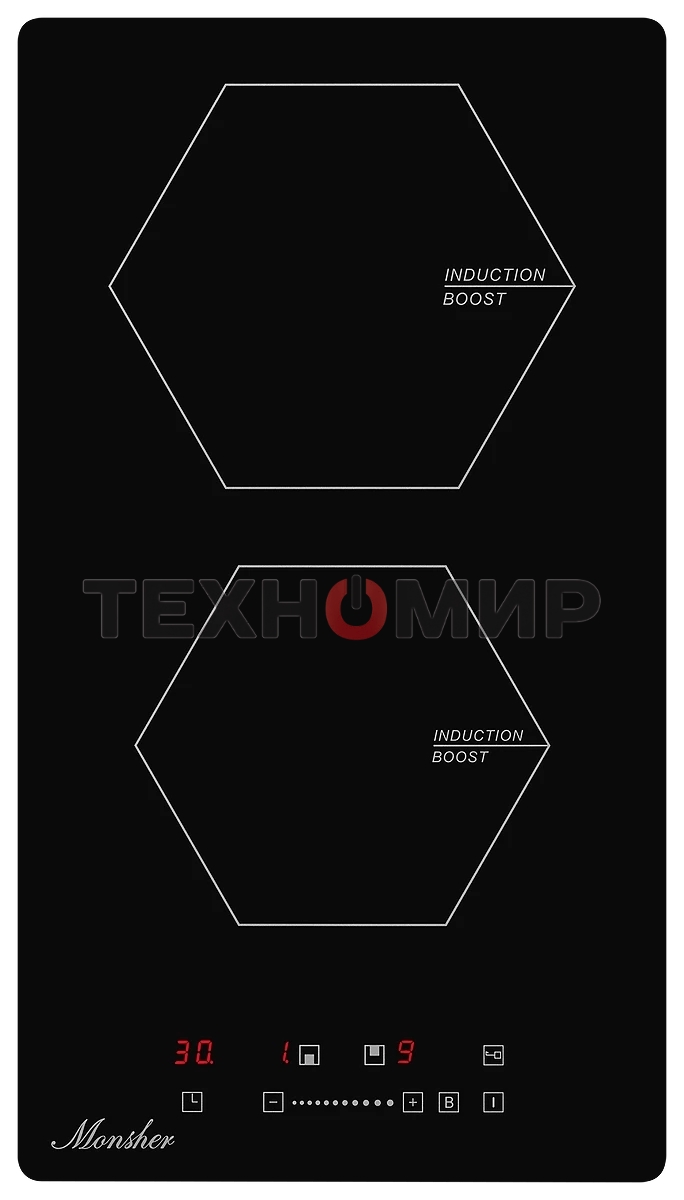 Индукционная варочная панель домино Monsher MHI 3002, Стеклокерамика KANGER, ширина 30 см, 2 индукционные зоны нагрева: 1 зона 1,2 кВт/Booster 1.5 кВт, 2 зона 2 кВт/Booster 2.3 кВт, электронное сенсорное управление, 3 цифровых дисплея, 9-ступенчатая настр