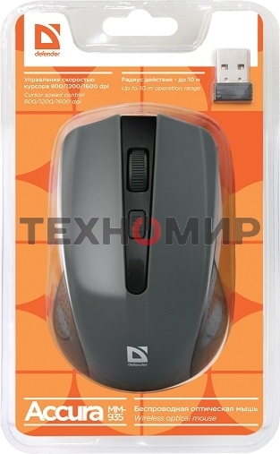 Мышь беспроводная Defender Accura MM-935 серый, 1600 dpi, радиоканал, USB, кнопки - 4