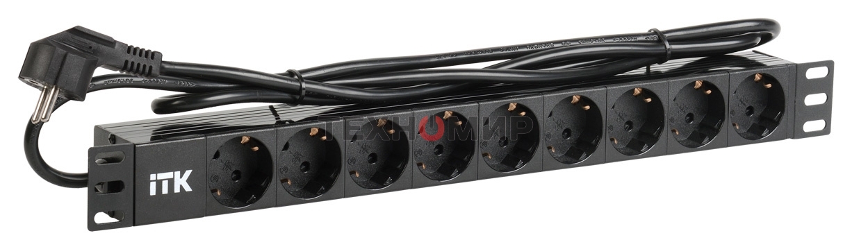 Блок розеток 9 розеток ITK PH22-9D1 PDU нем. ст, 1U, шнур 2м вилка нем. ст ал.проф