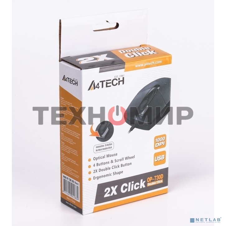 Мышь проводная A4Tech OP-730D черный, 1200 dpi, USB, кнопки - 4
