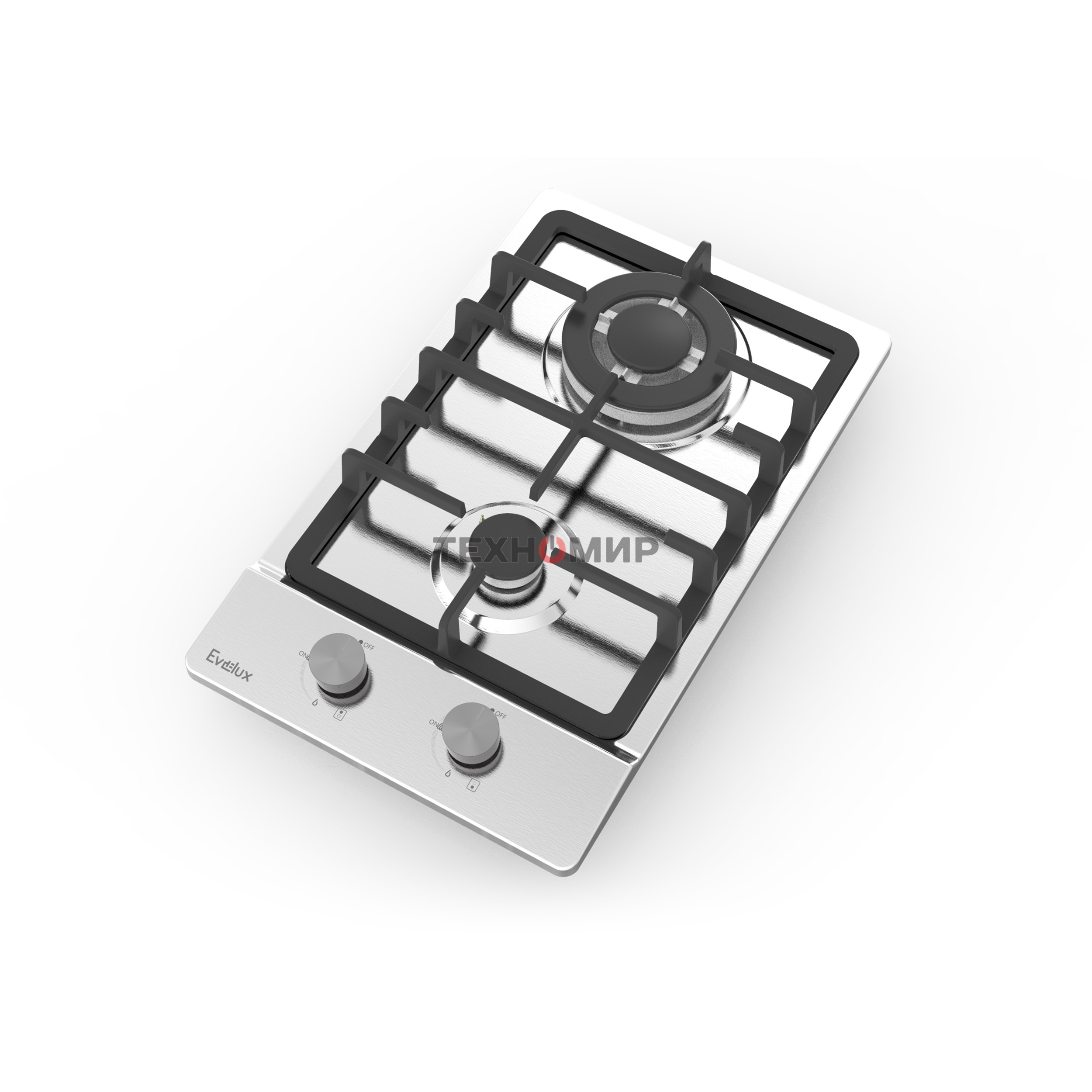 Газовая варочная панель Evelux HEG 330 X Hi-Tech, 30 см, 2 конфорки, WOK-конфорка, чугунные решетки, газ-контроль, электроподжиг, механическое управление, нержавеющая сталь