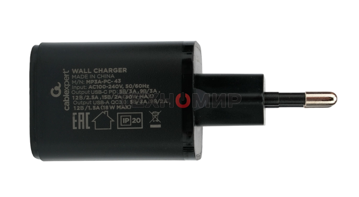 Сетевое зарядное устройство Cablexpert MP3A-PC-43, 30Вт, 3А, быстрая зарядка QC3.0/PD, 2 порта: USB и Type-C, черный, пакет