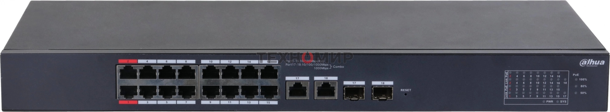 Коммутатор Dahua DH-CS4218-16ET-135 (L2) 16x100Мбит/с 2xКомбо (1000BASE-T/SFP) 16PoE 135W управляемый