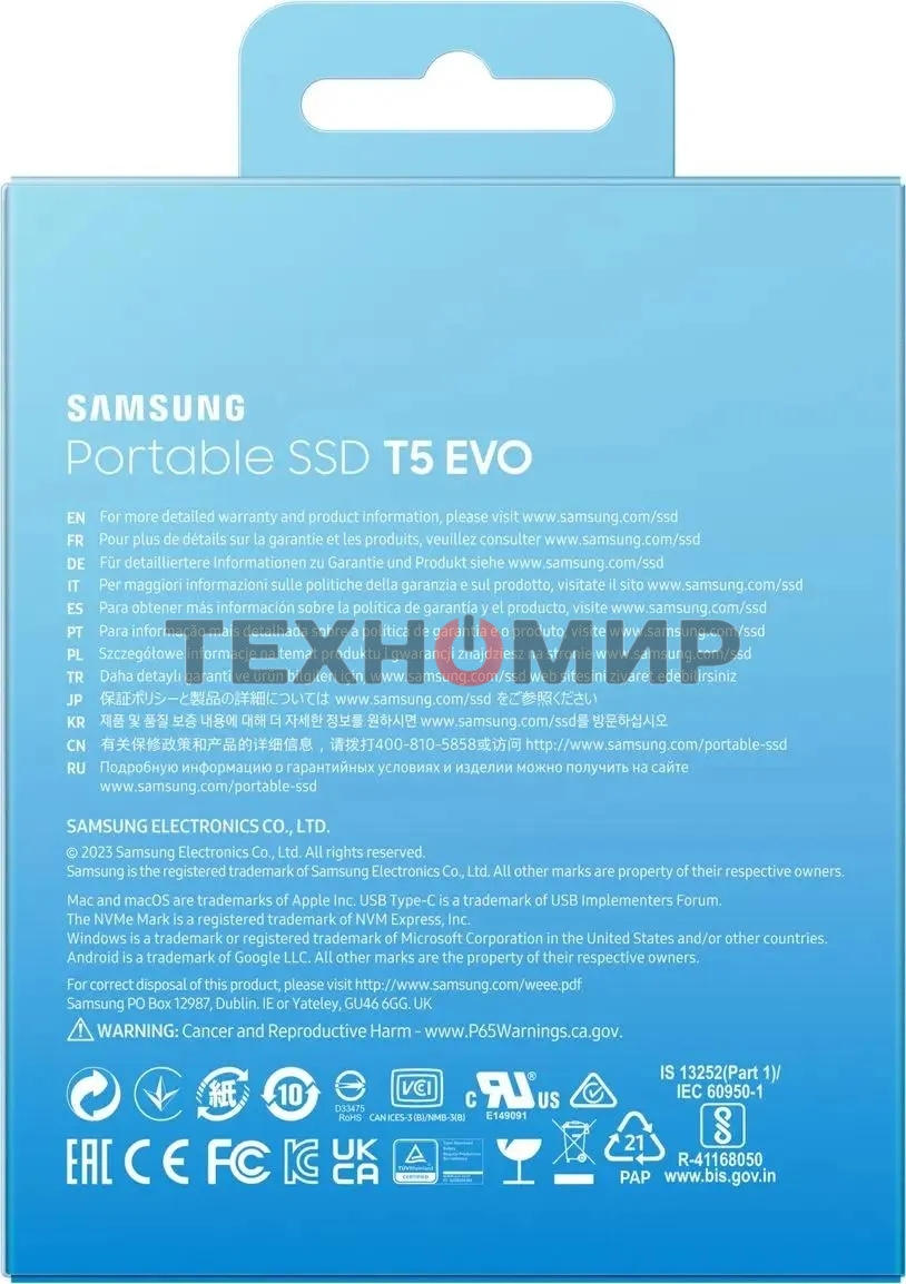 Внешний SSD Samsung T5 EVO, 2TB, USB 3.2 Gen 1 Type-C, R/W 460/460, черный