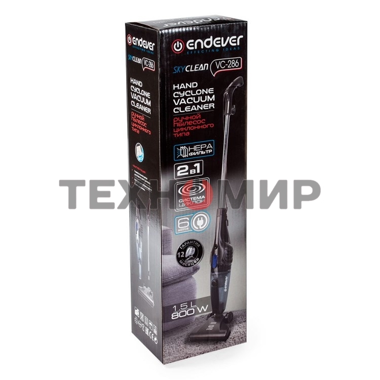 Пылесос вертикальный Endever VC-286 серый, питание от сети, 100 Вт, уборка сухая, пылесборник 1.9 л