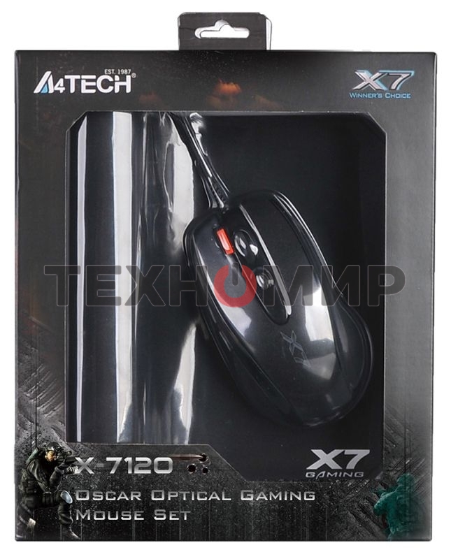Мышь проводная + коврик A4Tech X-7120 черный, 2000 dpi, USB, кнопки - 7