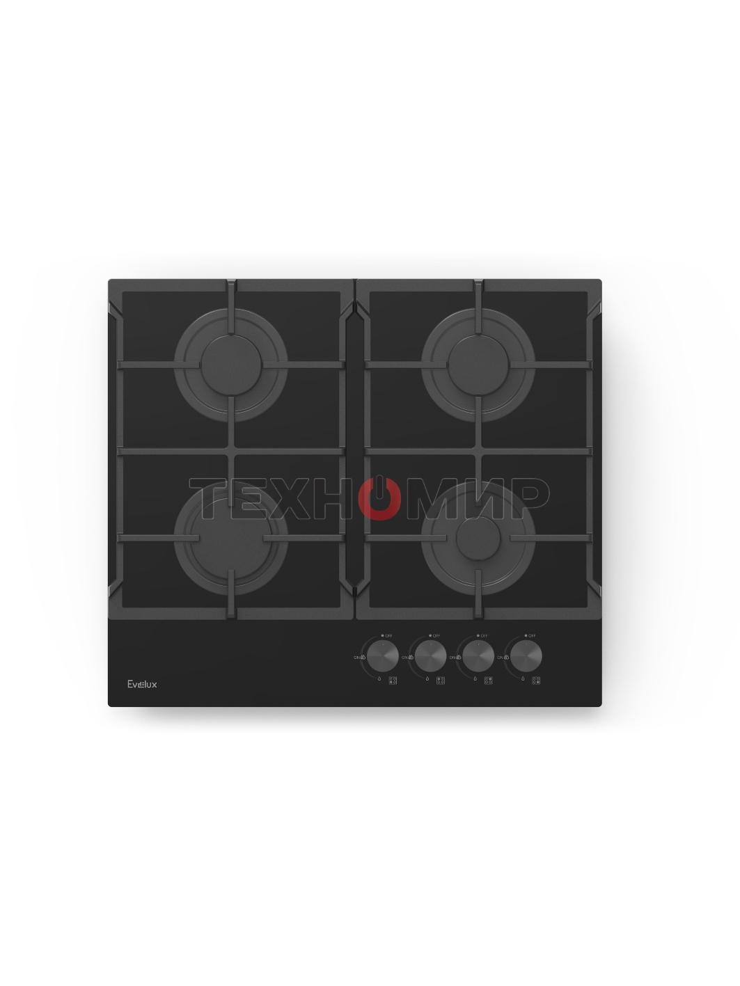 Газовая варочная панель Evelux HEG 615 BG Hi-Tech, 60 см, 4 конфорки, чугунные решетки, газ-контроль, электроподжиг, механическое управление, поверхность из закаленного стекла, черный