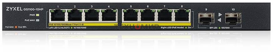 Коммутатор PoE+ Zyxel GS1100-10HP, 8xGE PoE+, 2xSFP, настольный, бесшумный, бюджет PoE 130 Вт