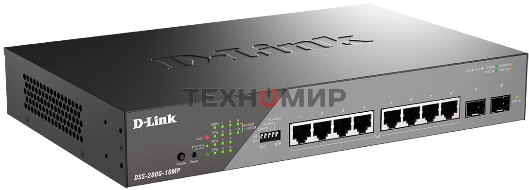 Коммутатор сетевой Smart L2 Surveillance Switch 8х1000Base-T PoE, 2x1000Base-X SFP, PoE Budget 130W, Long-range PoE up to 250m