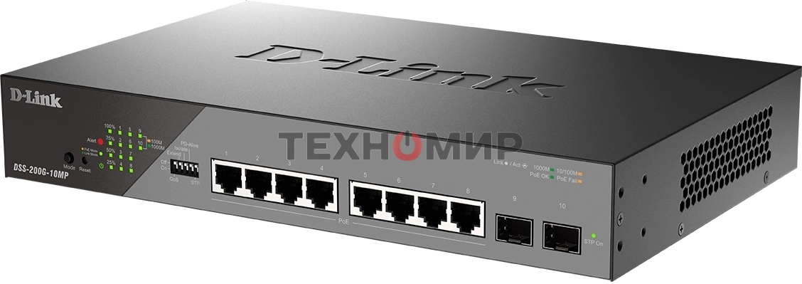 Коммутатор сетевой Smart L2 Surveillance Switch 8х1000Base-T PoE, 2x1000Base-X SFP, PoE Budget 130W, Long-range PoE up to 250m