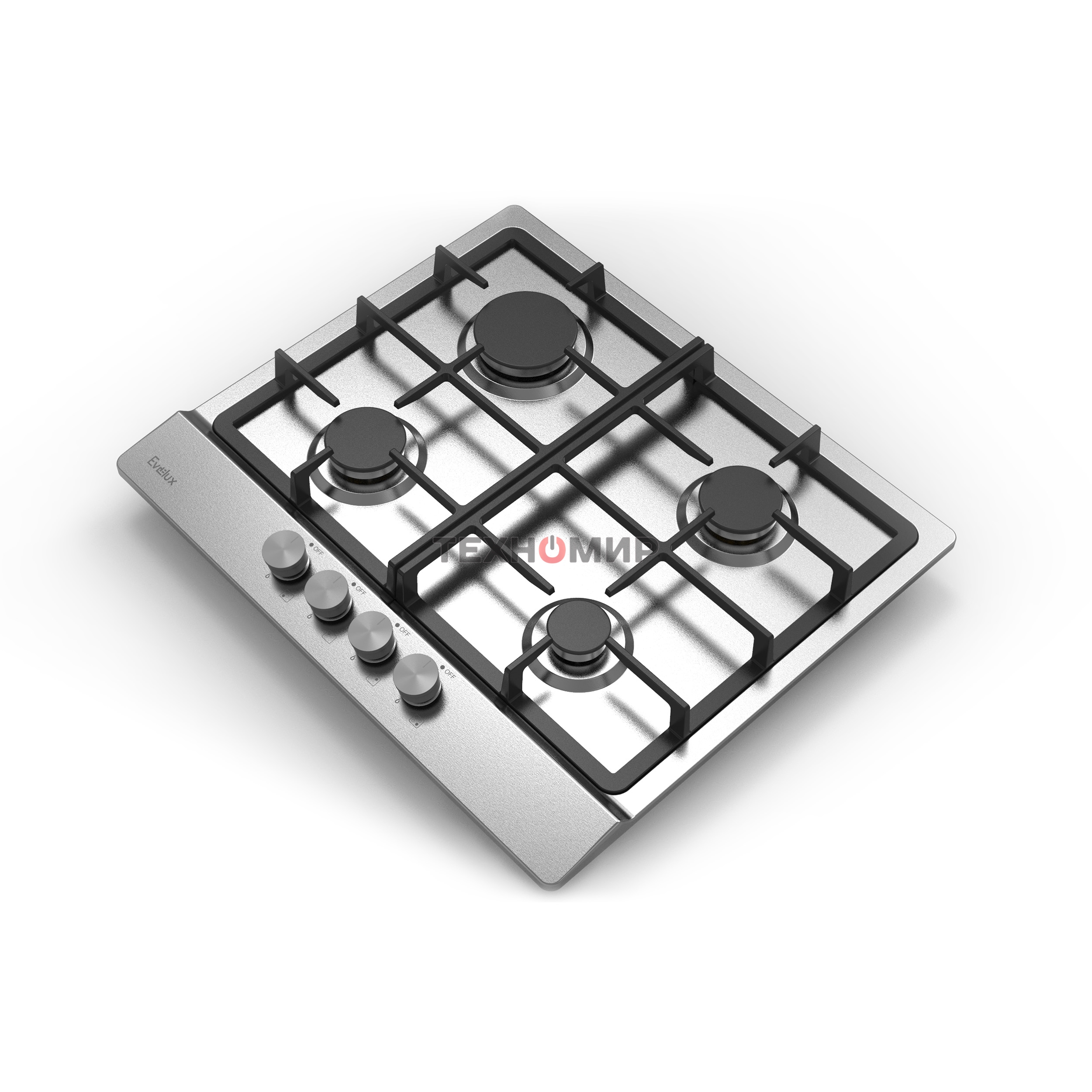 Газовая варочная панель Evelux HEG 633 X Hi-Tech, 60 см, 4 конфорки, чугунные решетки, газ-контроль, электроподжиг, механическое управление, нержавеющая сталь