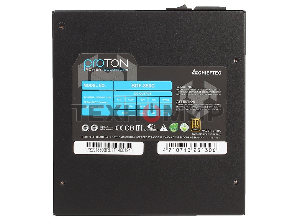 Блок питания Chieftec Proton BDF-850C, 850Вт, 80 PLUS Bronze, 140мм, модульный, черный