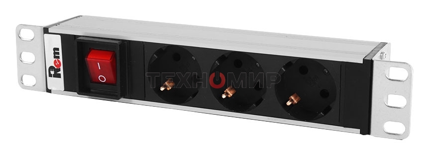 Блок розеток ЦМО Rem-10 без шнура с выкл., 3 Schuko, вход IEC 60320 C14, 10A, алюм., 10