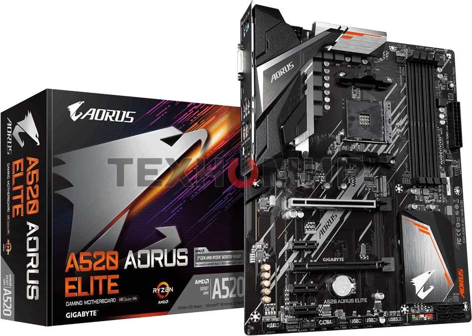 Материнская плата Gigabyte A520 AORUS ELITE, AM4, AMD A520, 4xDDR4, 4xSATA, 1xM.2, 1xPCI-E 3.0 x16, 1xHDMI, 1xDVI-D, 1x 1Gb LAN, 2xUSB 2.0, 4xUSB 3.2 Gen 1, 3x3.5 мм, 7.1, Micro-ATX