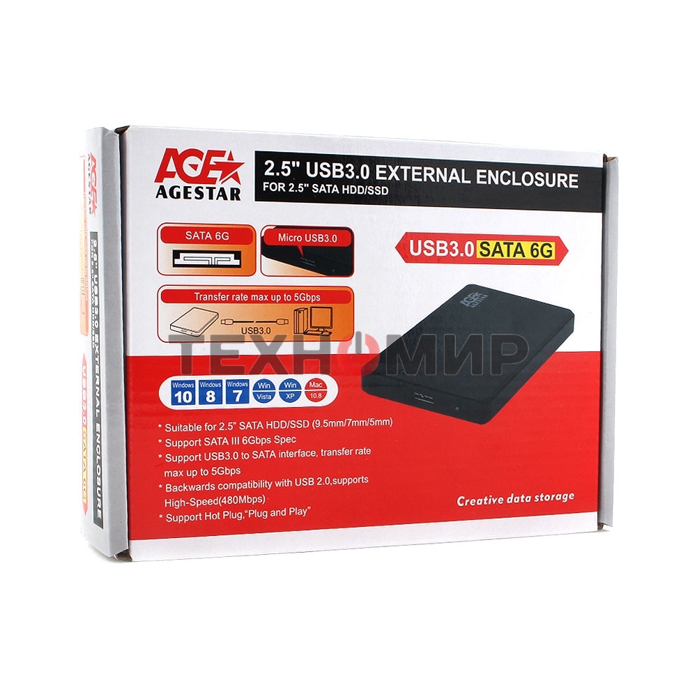 Внешний корпус для HDD AgeStar 3UB2P2 SATA III пластик черный 2.5