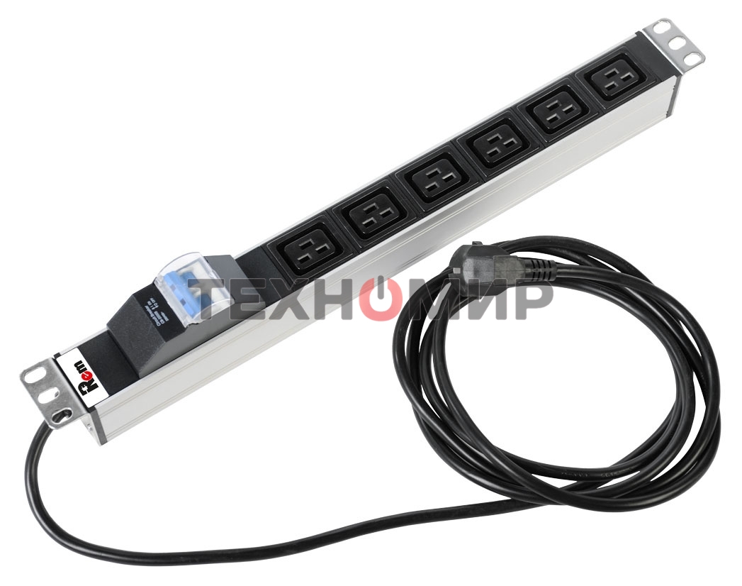 Блок силовых розеток Rem Rem-16, IEC 60320 С19 х 6, вход Schuko, шнур 3 м, 45х484х45 мм (ВхШхГ), 16А, автомат