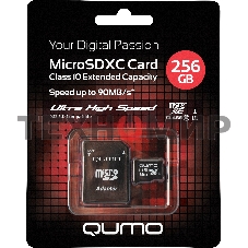 Карта памяти QUMO MicroSDXC 256 GB UHS-I, 3.0 , адаптер в комплекте SD, R/W 90/20 MB/s черно-красная картонная упаковка