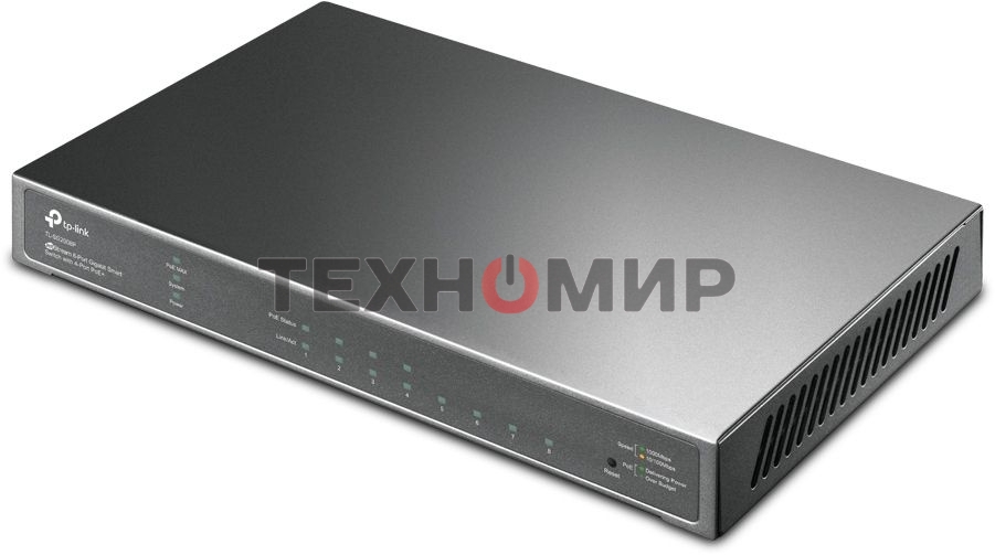 Коммутатор TP-Link JetStream 8-Port Gigabit Smart Switch with 4-Port PoE+, 4× Gigabit PoE+ Ports, 802.3at/af, 62 W PoE Power, Desktop Steel CaseIntegration with Omada SDN Controller, 802.1Q VLAN, STP/RSTP/MSTP, IGMP Snooping, 802.1p/DSCP QoS, ACL, 802.1x,