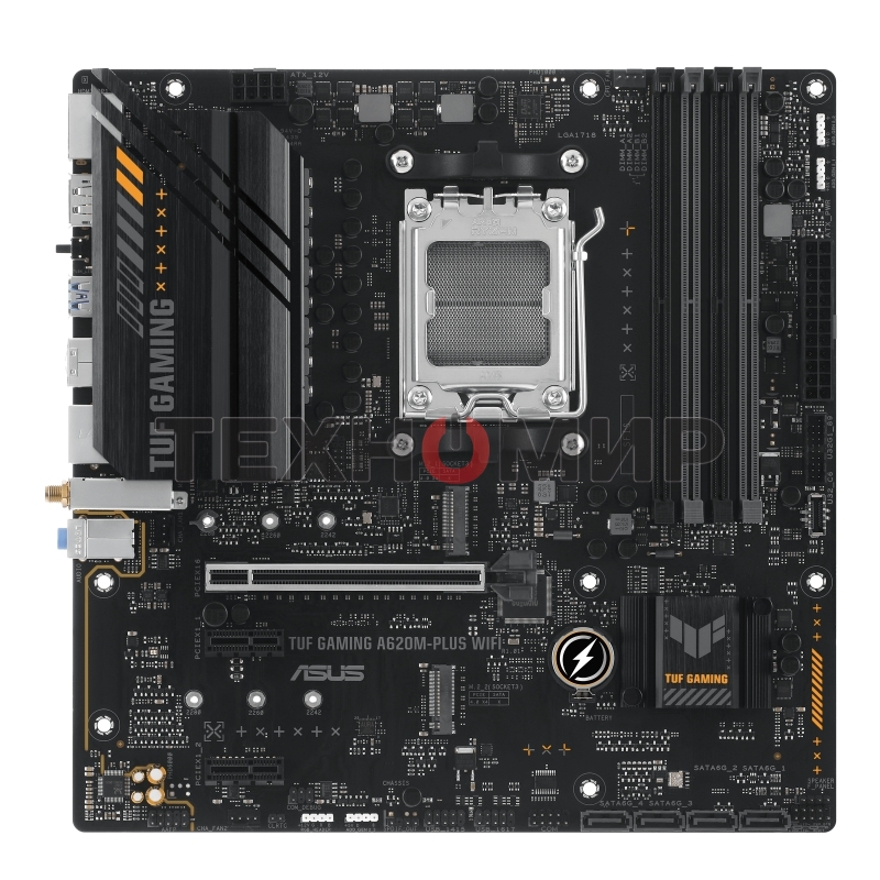 Материнская плата ASUS TUF GAMING A620M-PLUS WIFI, AM5, AMD A620, 4xDDR5, 4xSATA, 2xM.2, 1xPCIe 4.0 x16, 2xPCIe x1, 2xDP, 1xHDMI, 1x 2.5Gb LAN, 4xUSB-A 2.0, 2xUSB-A 3.2 Gen 1, 3x3.5 мм, 7.1, mATX
